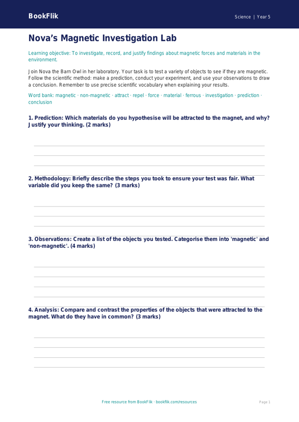 Free Magnets Template | Year 5 Greater Depth | BookFlik worksheet preview — Science Magnets