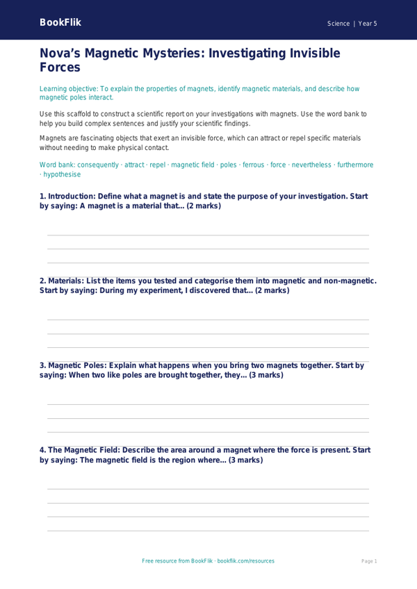 Free Magnets Writing Frame | Year 5 Greater Depth | BookFlik worksheet preview — Science Magnets