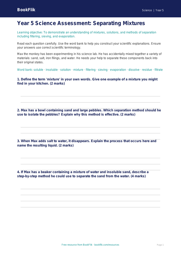 Free Mixtures Assessment | Year 5 Greater Depth | BookFlik worksheet preview — Science Mixtures