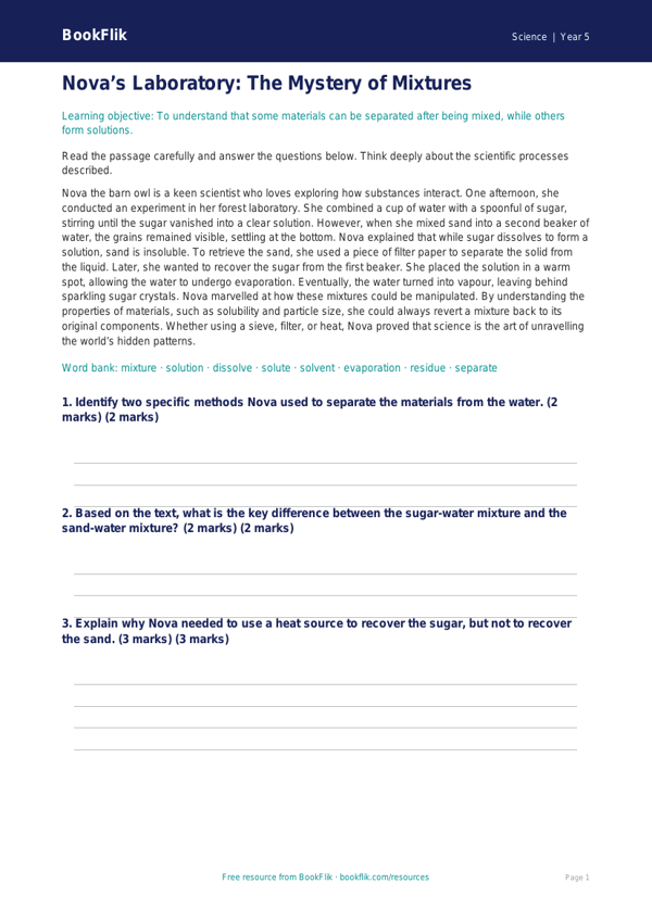 Free Mixtures Comprehension | Year 5 Greater Depth | BookFlik worksheet preview — Science Mixtures