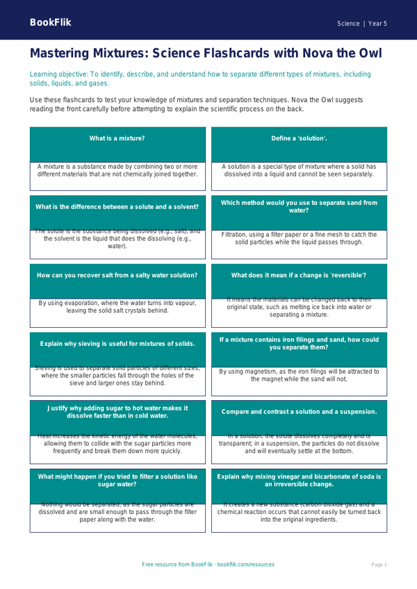 Free Mixtures Flashcards | Year 5 Greater Depth | BookFlik worksheet preview — Science Mixtures