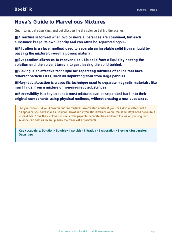 Free Mixtures Poster | Year 5 Greater Depth | BookFlik worksheet preview — Science Mixtures