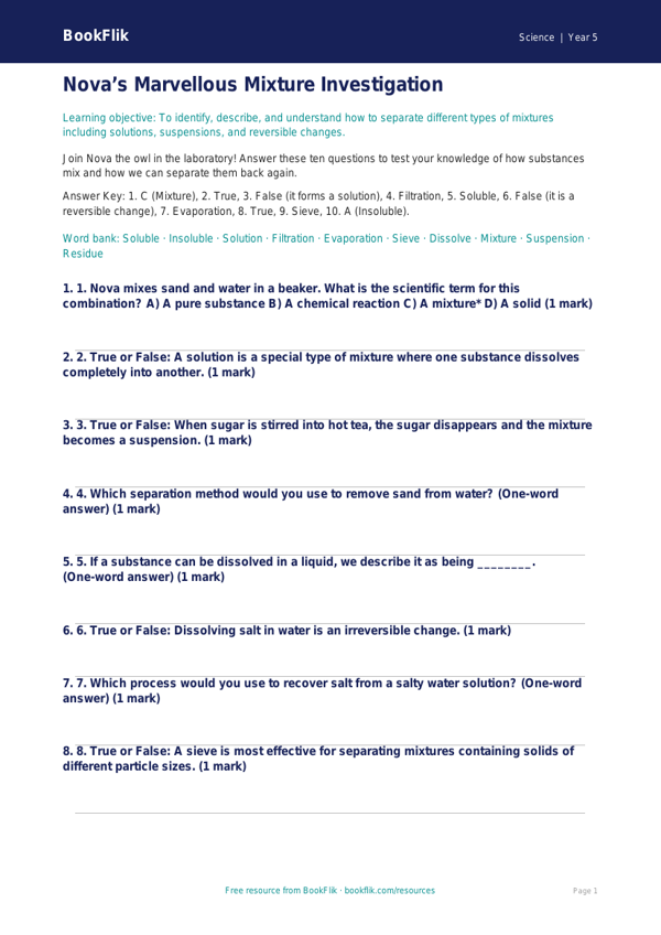 Free Mixtures Quiz | Year 5 Greater Depth | BookFlik worksheet preview — Science Mixtures