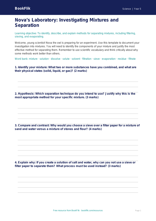 Free Mixtures Worksheet | Year 5 Science Greater Depth | BookFlik worksheet preview — Science Mixtures