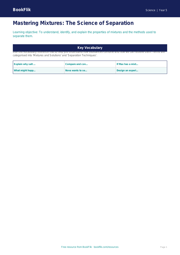 Free Mixtures Word Mat | Year 5 Greater Depth | BookFlik worksheet preview — Science Mixtures