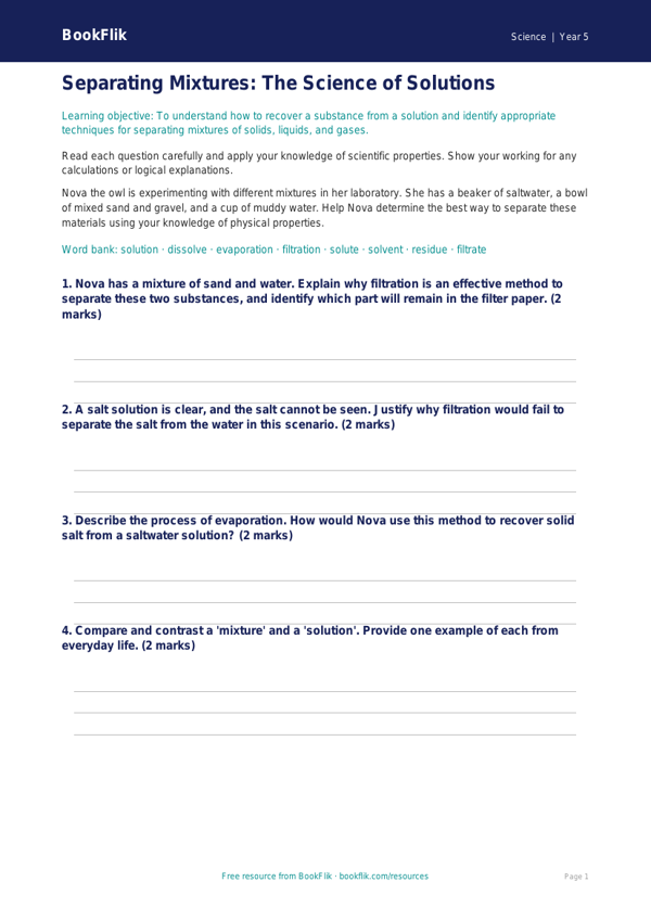 Free Mixtures Worksheet | Year 5 Greater Depth | BookFlik worksheet preview — Science Mixtures