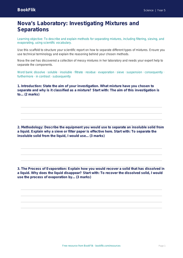 Free Mixtures Writing Frame | Year 5 Greater Depth | BookFlik worksheet preview — Science Mixtures