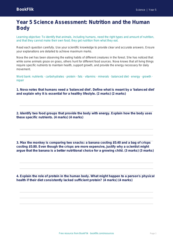 Free Nutrition Assessment | Year 5 Greater Depth | BookFlik worksheet preview — Science Nutrition