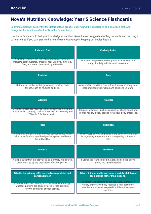 Free Nutrition Flashcards | Year 5 Greater Depth | BookFlik worksheet preview — Science Nutrition