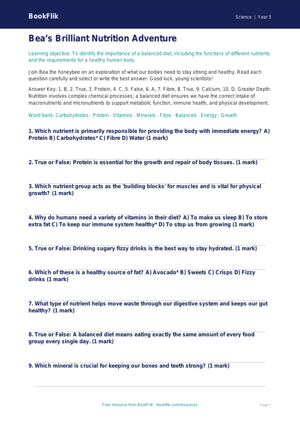 Free Nutrition Quiz | Year 5 Greater Depth | BookFlik worksheet preview — Science Nutrition