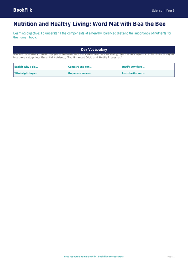 Free Nutrition Word Mat | Year 5 Greater Depth | BookFlik worksheet preview — Science Nutrition