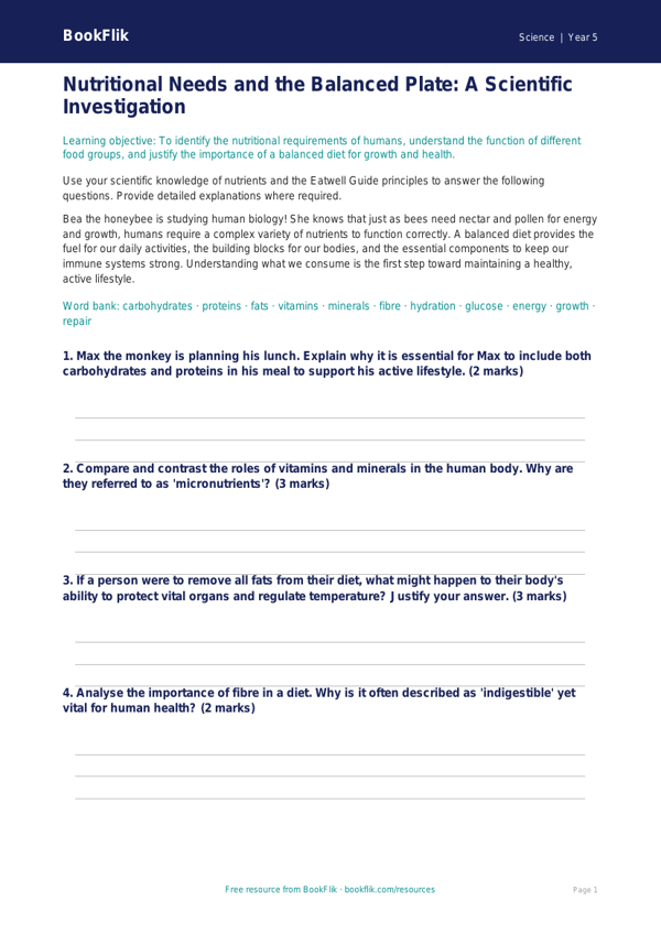 Free Nutrition Worksheet | Year 5 Greater Depth | BookFlik worksheet preview — Science Nutrition