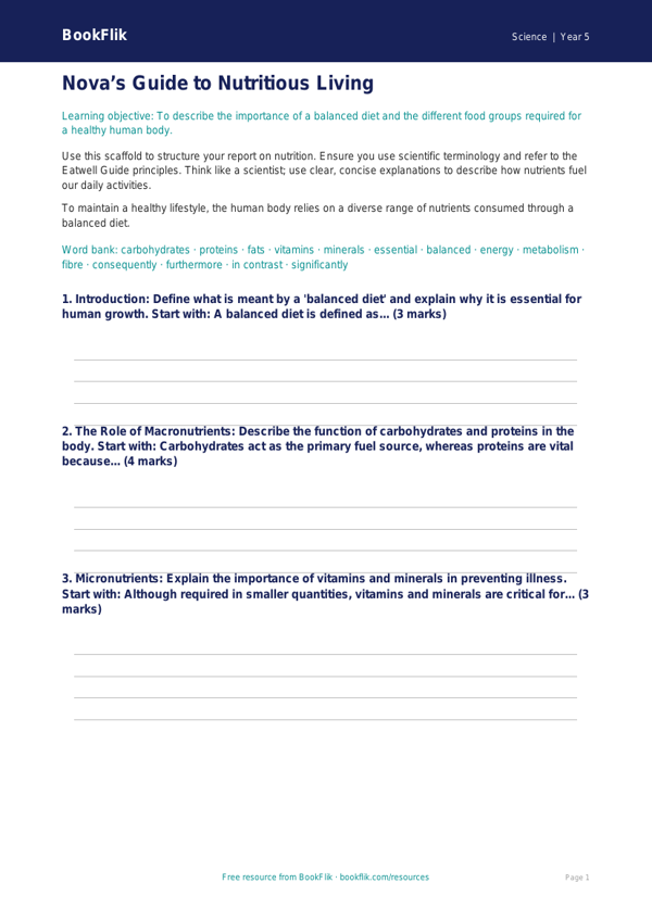 Free Nutrition Writing Frame | Year 5 Greater Depth | BookFlik worksheet preview — Science Nutrition