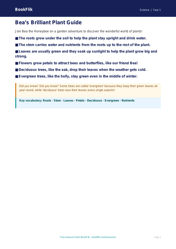 Free Plants Poster | Year 1 Core | BookFlik worksheet preview — Science Plants