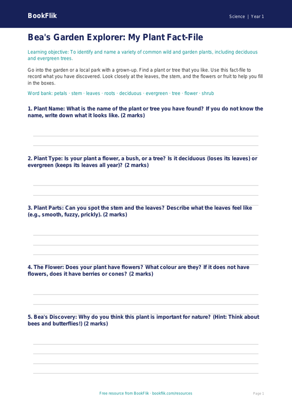 Free Plants Template | Year 1 Core | BookFlik worksheet preview — Science Plants