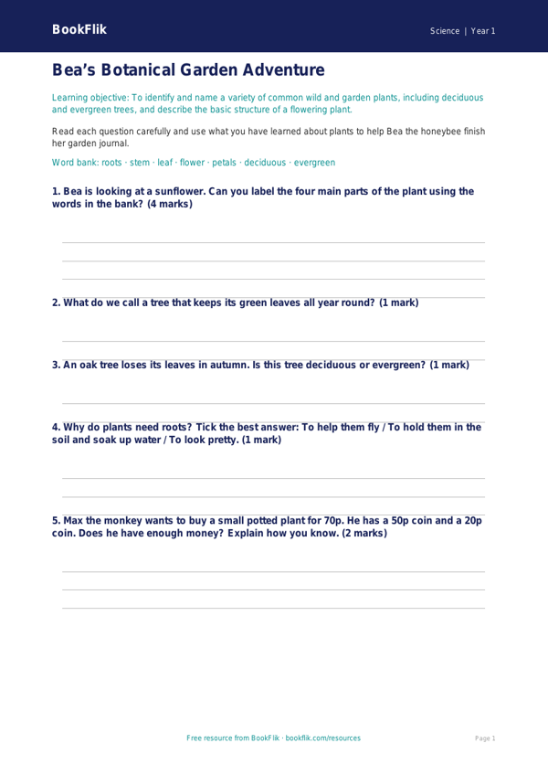 Free Plants Worksheet | Year 1 Science | BookFlik worksheet preview — Science Plants