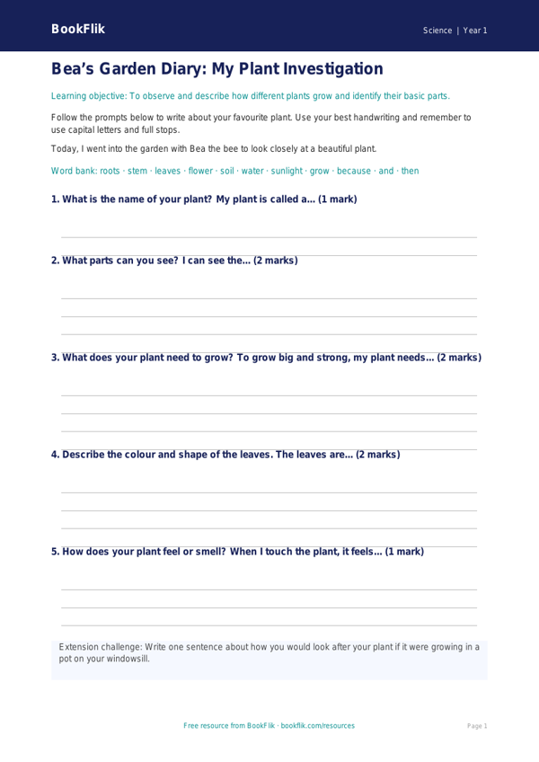 Free Plants Writing Frame | Year 1 Core | BookFlik worksheet preview — Science Plants