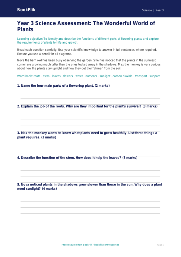 Free Plants Assessment | Year 3 Core | BookFlik worksheet preview — Science Plants