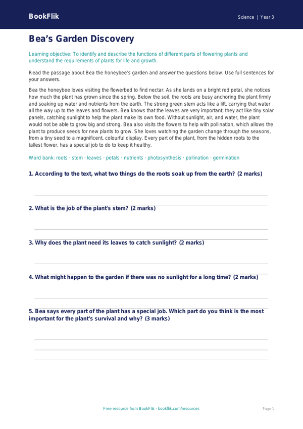 Free Plants Comprehension Worksheet | Year 3 Science | BookFlik worksheet preview — Science Plants