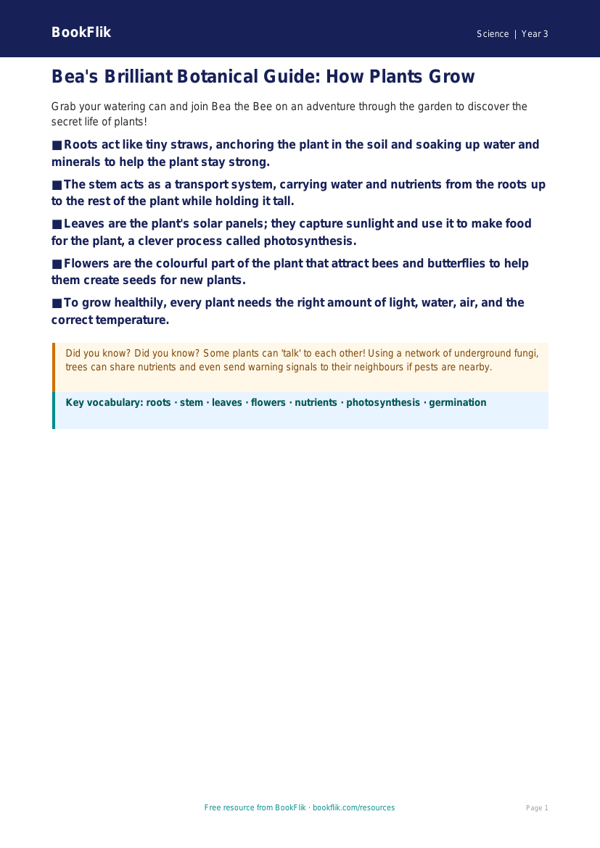 Free Plants Poster | Year 3 Core | BookFlik worksheet preview — Science Plants