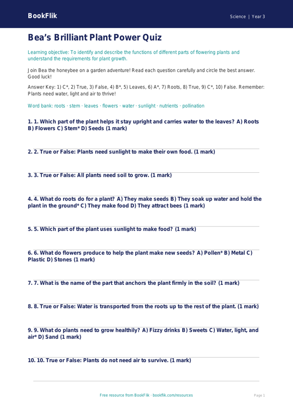 Free Plants Quiz | Year 3 Science Worksheet | BookFlik worksheet preview — Science Plants