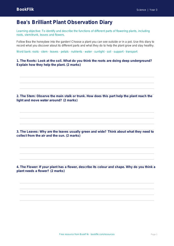 Free Plants Template | Year 3 Core | BookFlik worksheet preview — Science Plants