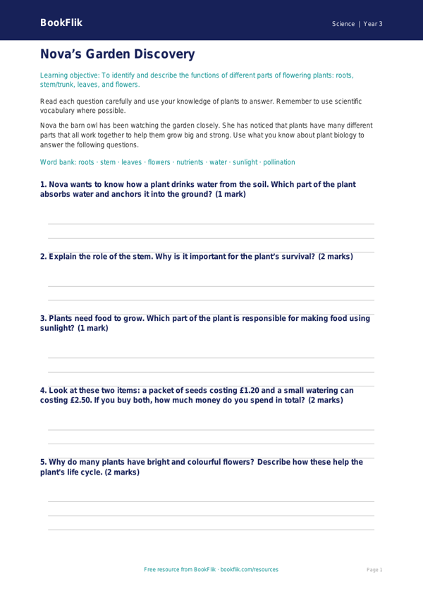 Free Plants Worksheet | Year 3 Science | BookFlik worksheet preview — Science Plants