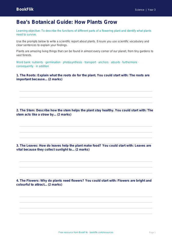Free Plants Writing Frame | Year 3 Science Worksheet | BookFlik worksheet preview — Science Plants