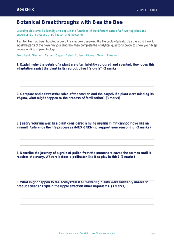 Free Plants Activity Sheet | Year 5 Greater Depth | BookFlik worksheet preview — Science Plants
