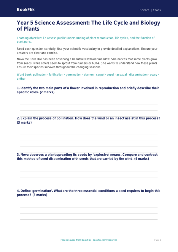 Free Plants Assessment | Year 5 Greater Depth | BookFlik worksheet preview — Science Plants