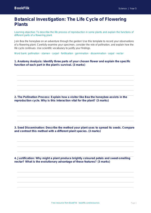 Free Plants Template | Year 5 Greater Depth | BookFlik worksheet preview — Science Plants