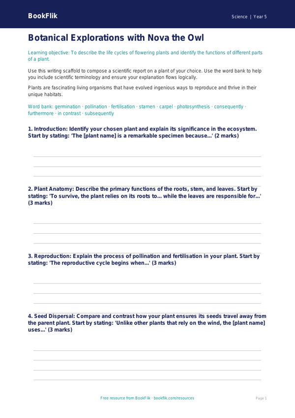 Free Plants Writing Frame | Year 5 Greater Depth | BookFlik worksheet preview — Science Plants