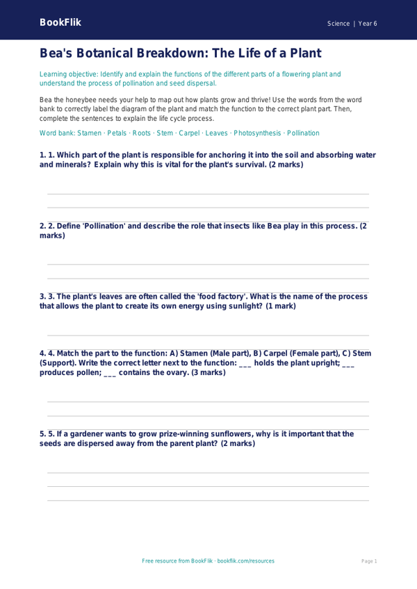 Free Plants Activity Sheet | Year 6 Core | BookFlik worksheet preview — Science Plants