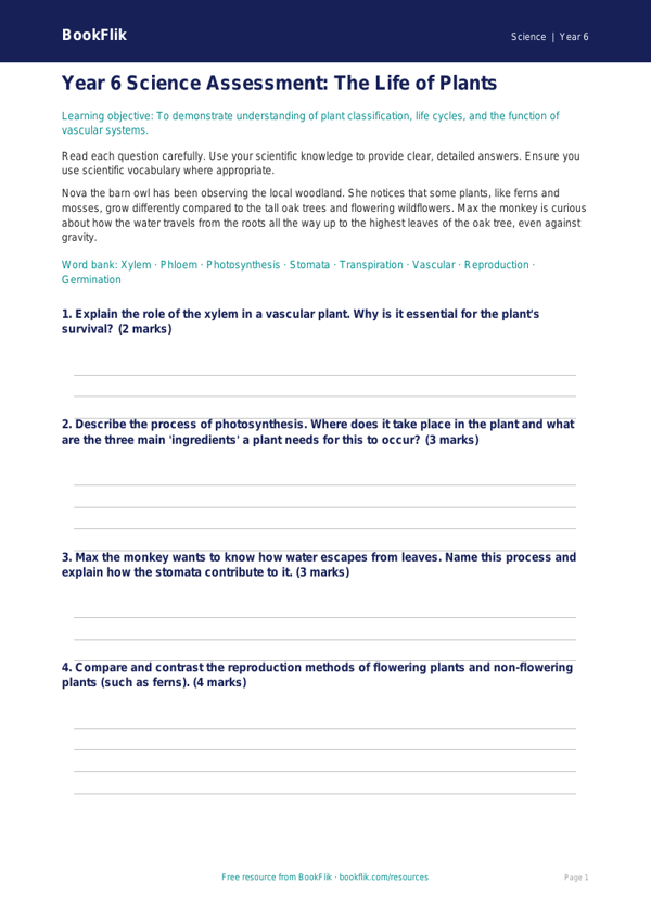 Free Plants Assessment | Year 6 Core | BookFlik worksheet preview — Science Plants