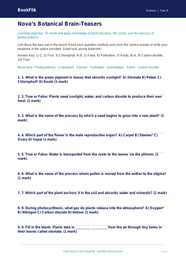 Free Plants Quiz | Year 6 Core | BookFlik worksheet preview — Science Plants