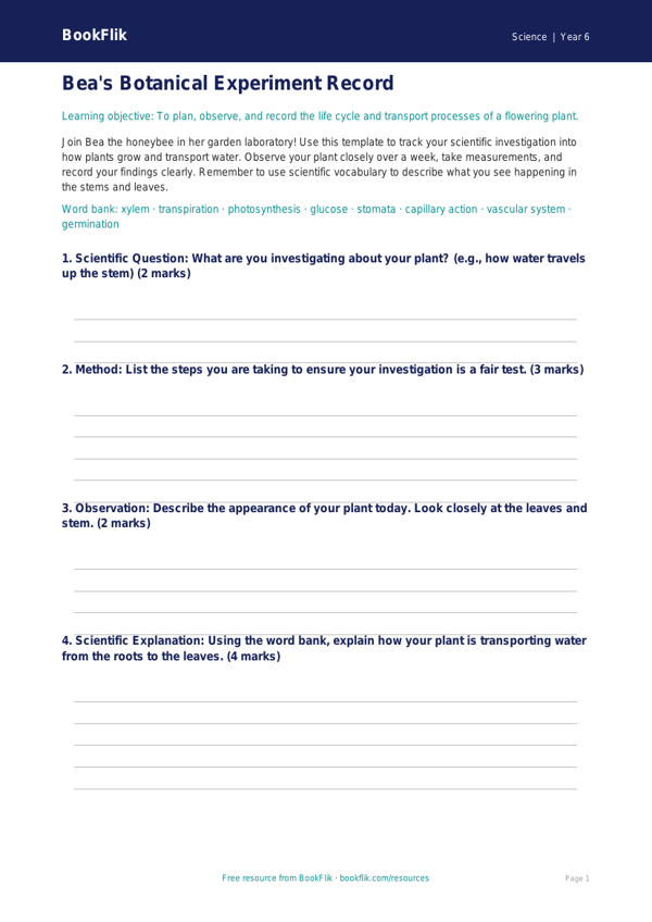 Free Plants Template | Year 6 Core | BookFlik worksheet preview — Science Plants
