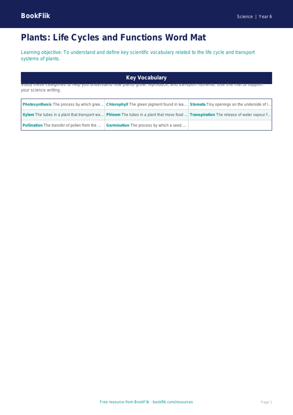 Free Plants Word Mat | Year 6 Core | BookFlik worksheet preview — Science Plants