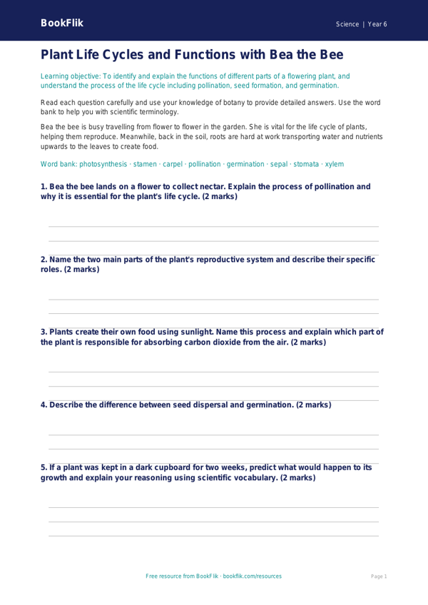 Free Plants Worksheet | Year 6 Core | BookFlik worksheet preview — Science Plants