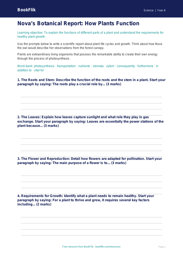 Free Plants Writing Frame | Year 6 Core | BookFlik worksheet preview — Science Plants