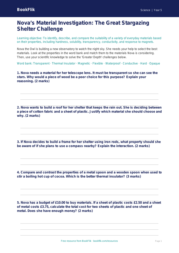 Free Properties Of Materials Activity Sheet | Year 5 Greater Depth | BookFlik worksheet preview — Science Properties Of Materials