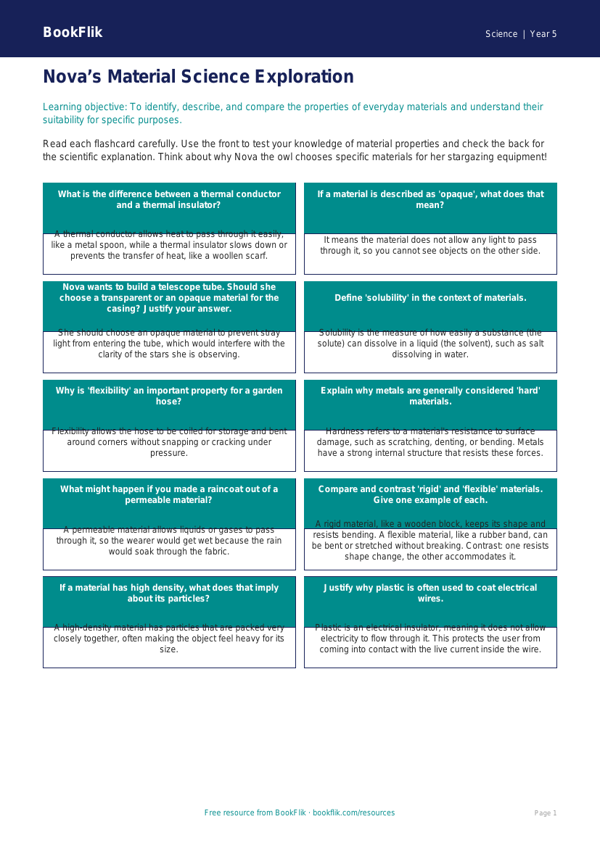 Free Properties Of Materials Flashcards | Year 5 Greater Depth | BookFlik worksheet preview — Science Properties Of Materials