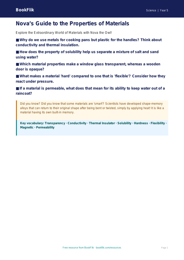 Free Properties Of Materials Poster | Year 5 Greater Depth | BookFlik worksheet preview — Science Properties Of Materials