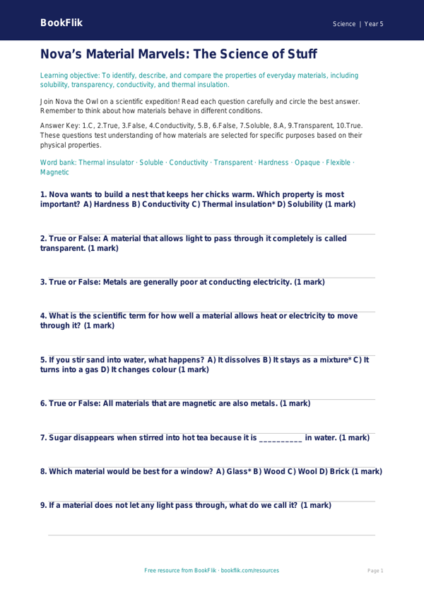 Free Properties Of Materials Quiz | Year 5 Greater Depth | BookFlik worksheet preview — Science Properties Of Materials