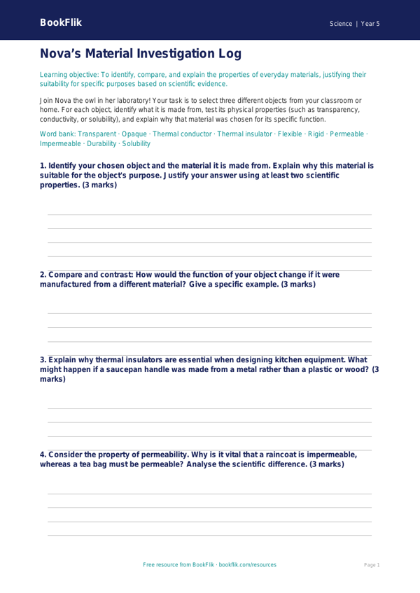 Free Properties Of Materials Worksheet | Year 5 Science | BookFlik worksheet preview — Science Properties Of Materials