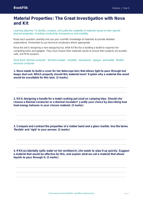 Free Properties Of Materials Worksheet | Year 5 Greater Depth | BookFlik worksheet preview — Science Properties Of Materials
