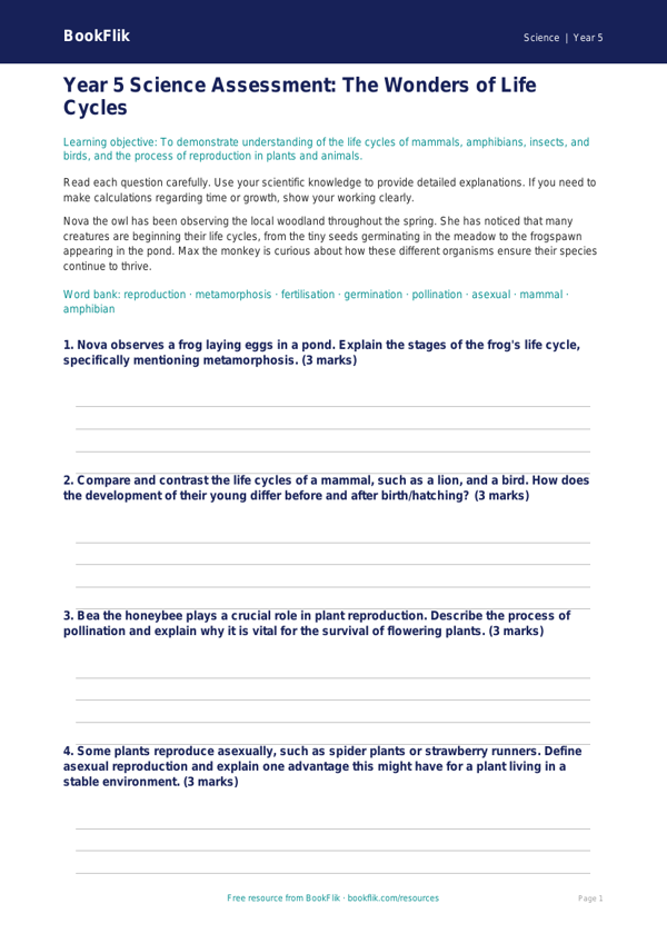 Free Reproduction Assessment | Year 5 Greater Depth | BookFlik worksheet preview — Science Reproduction