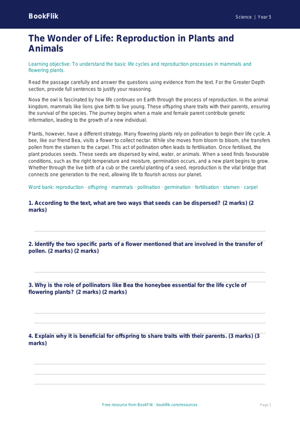 Free Reproduction Comprehension | Year 5 Greater Depth | BookFlik worksheet preview — Science Reproduction