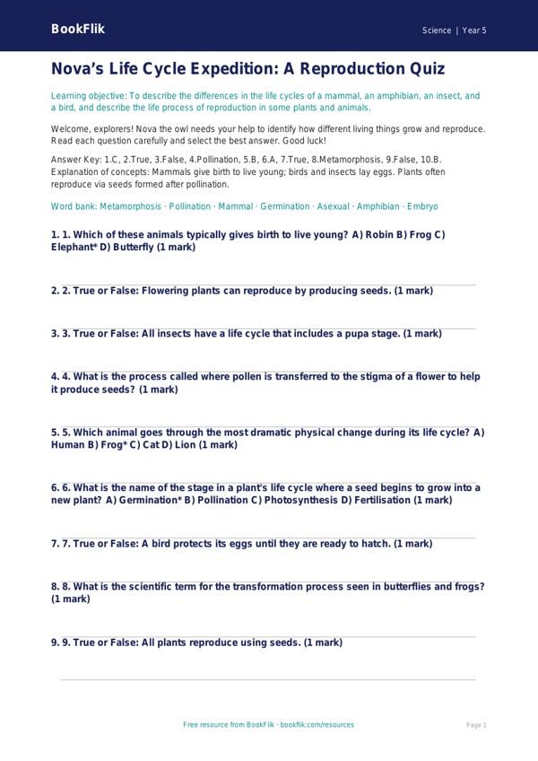 Free Reproduction Quiz | Year 5 Greater Depth | BookFlik worksheet preview — Science Reproduction