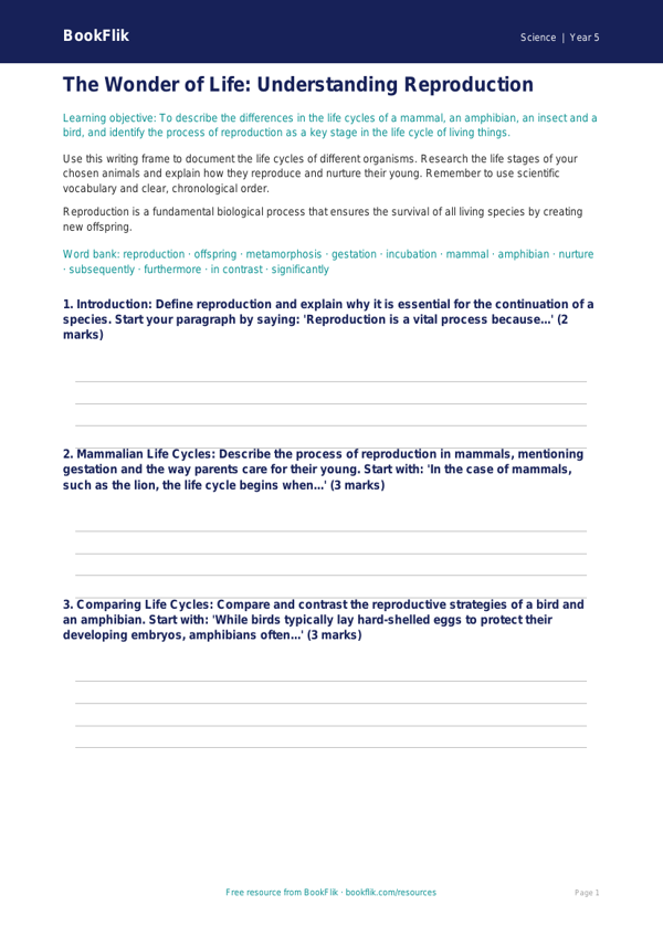 Free Reproduction Writing Frame | Year 5 Greater Depth | BookFlik worksheet preview — Science Reproduction