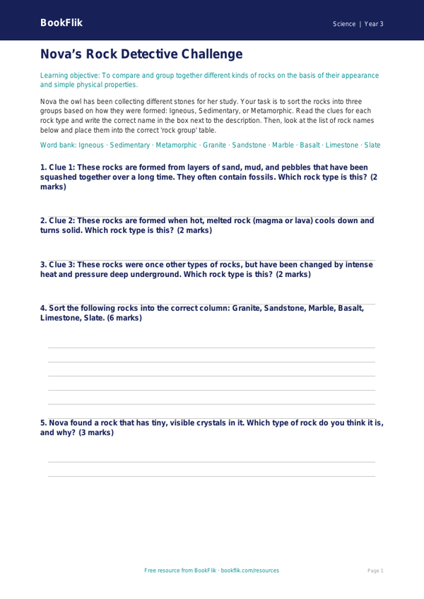 Free Rocks Activity Sheet | Year 3 Core | BookFlik worksheet preview — Science Rocks